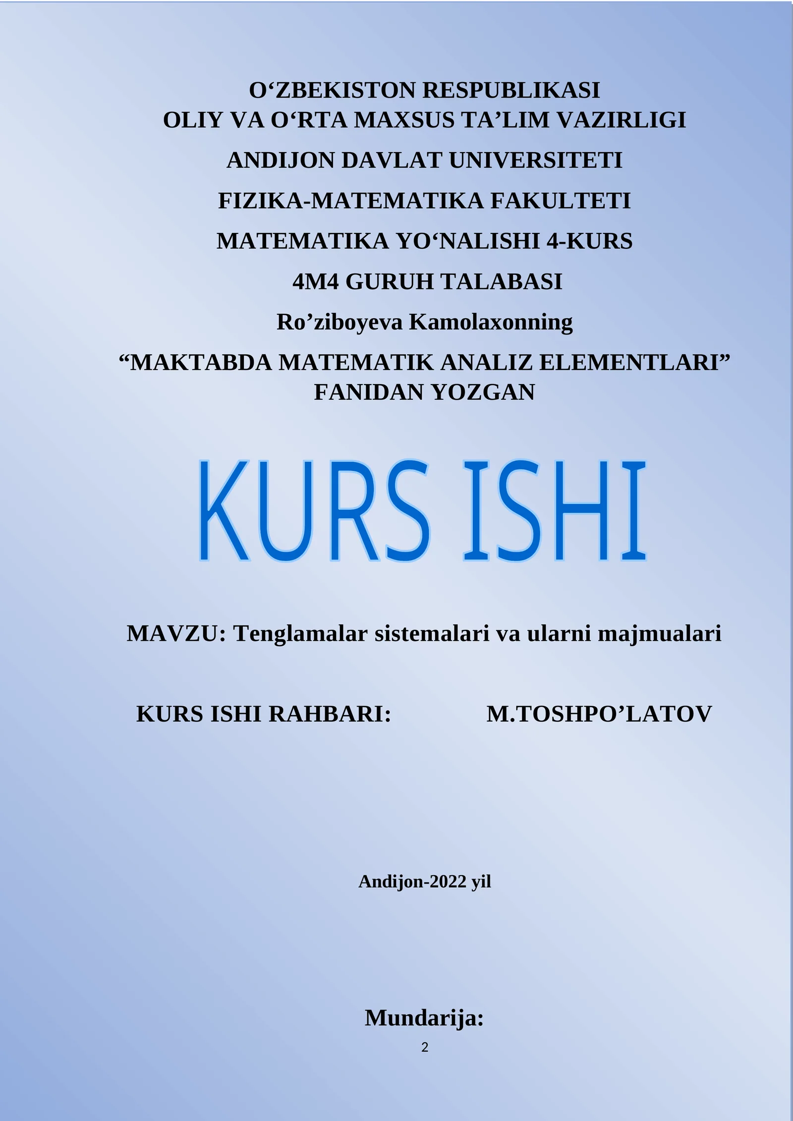 Tenglamalar sistemalari va ularni majmualari