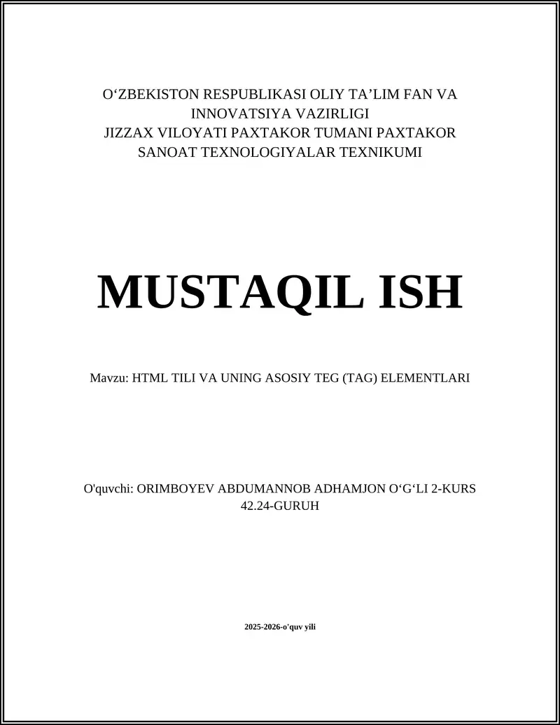 HTML TILI VA UNING ASOSIY TEG (TAG) ELEMENTLARI