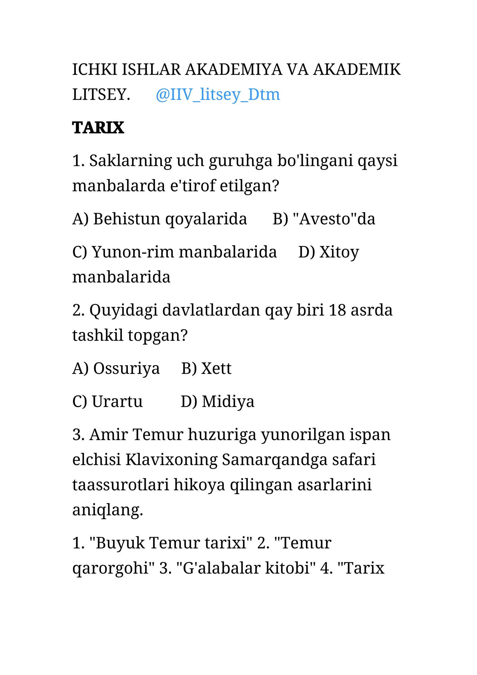 Istoriya savol-javoblar