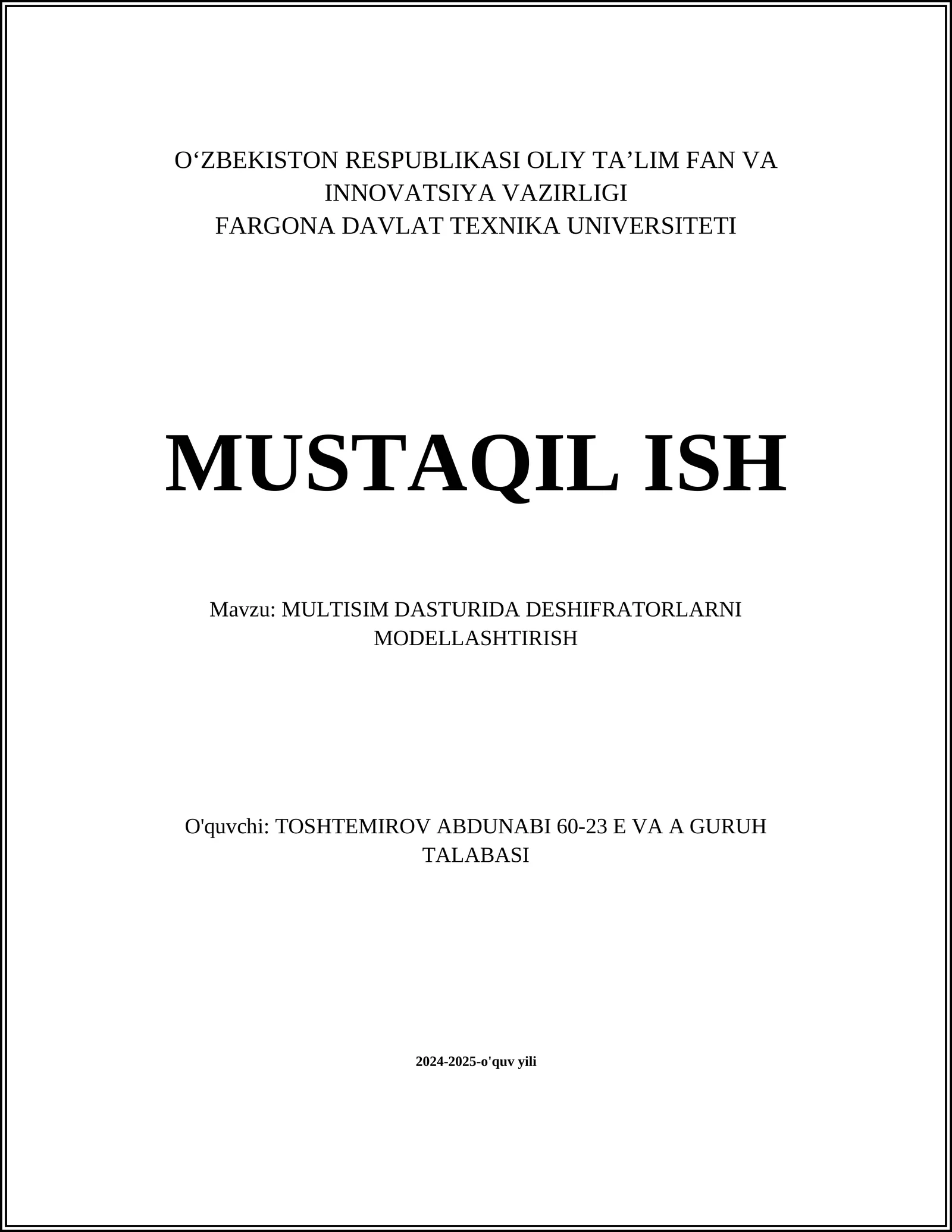 MULTISIM DASTURIDA DESHIFRATORLARNI MODELLASHTIRISH