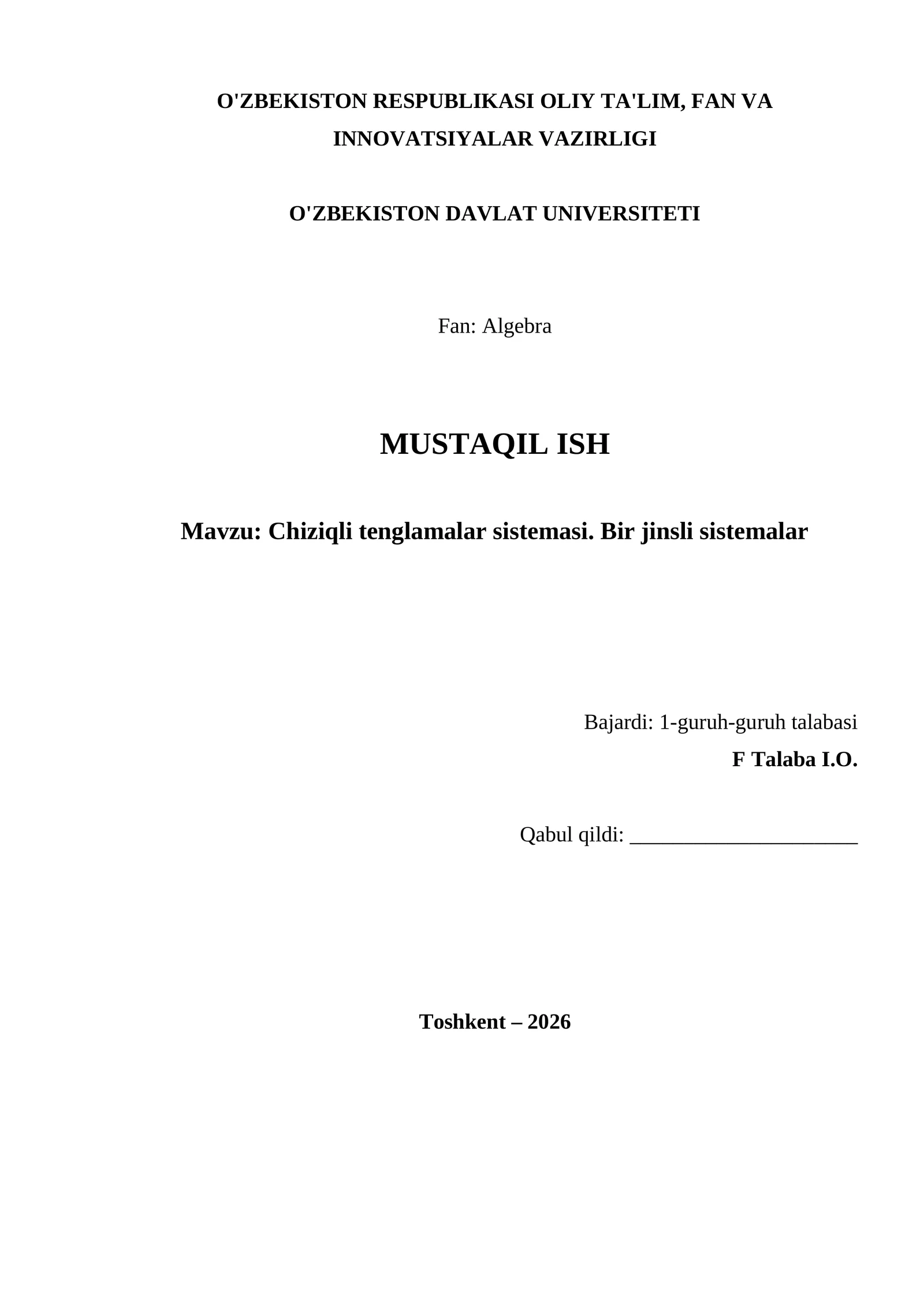 Chiziqli tenglamalar sistemasi. Bir jinsli sistemalar