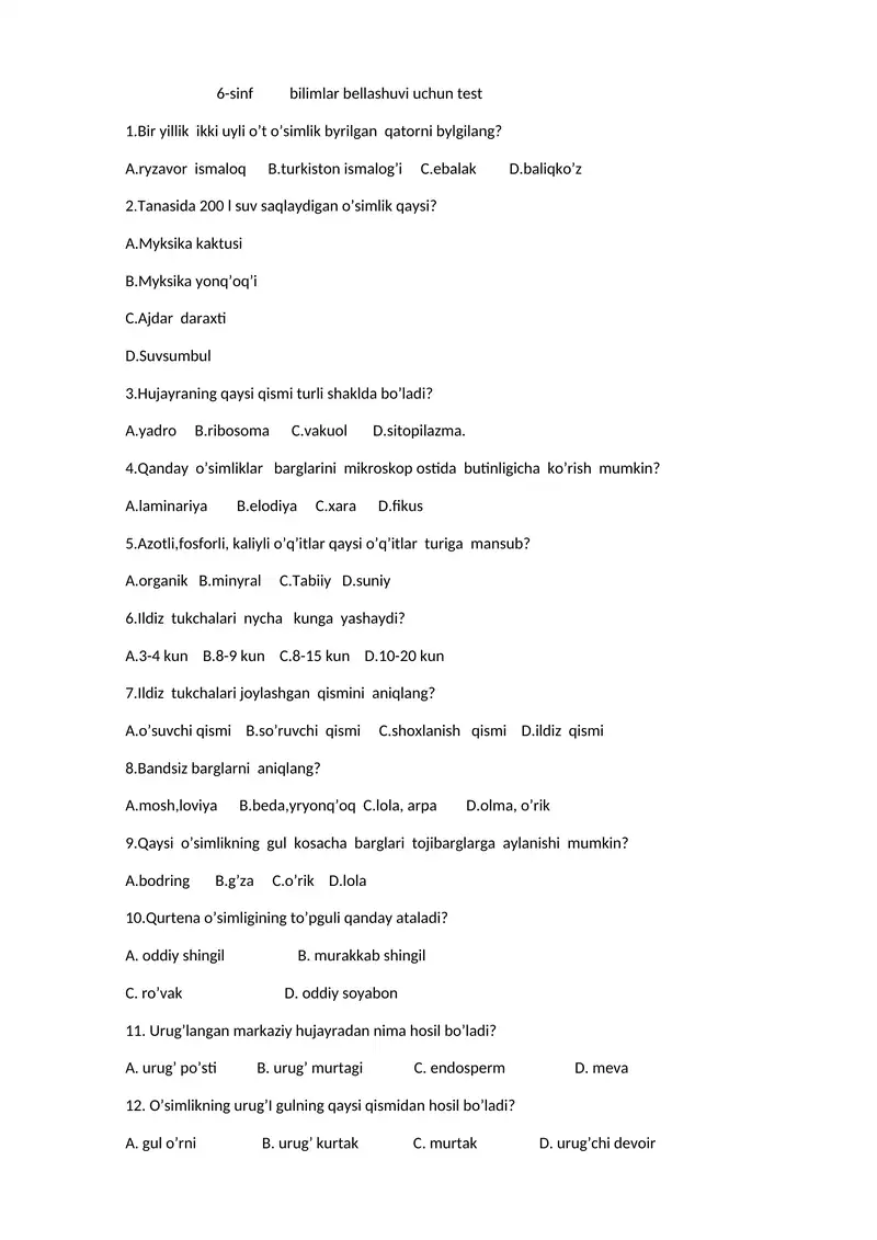 6-sinf bilimlar bellashuvi uchun test