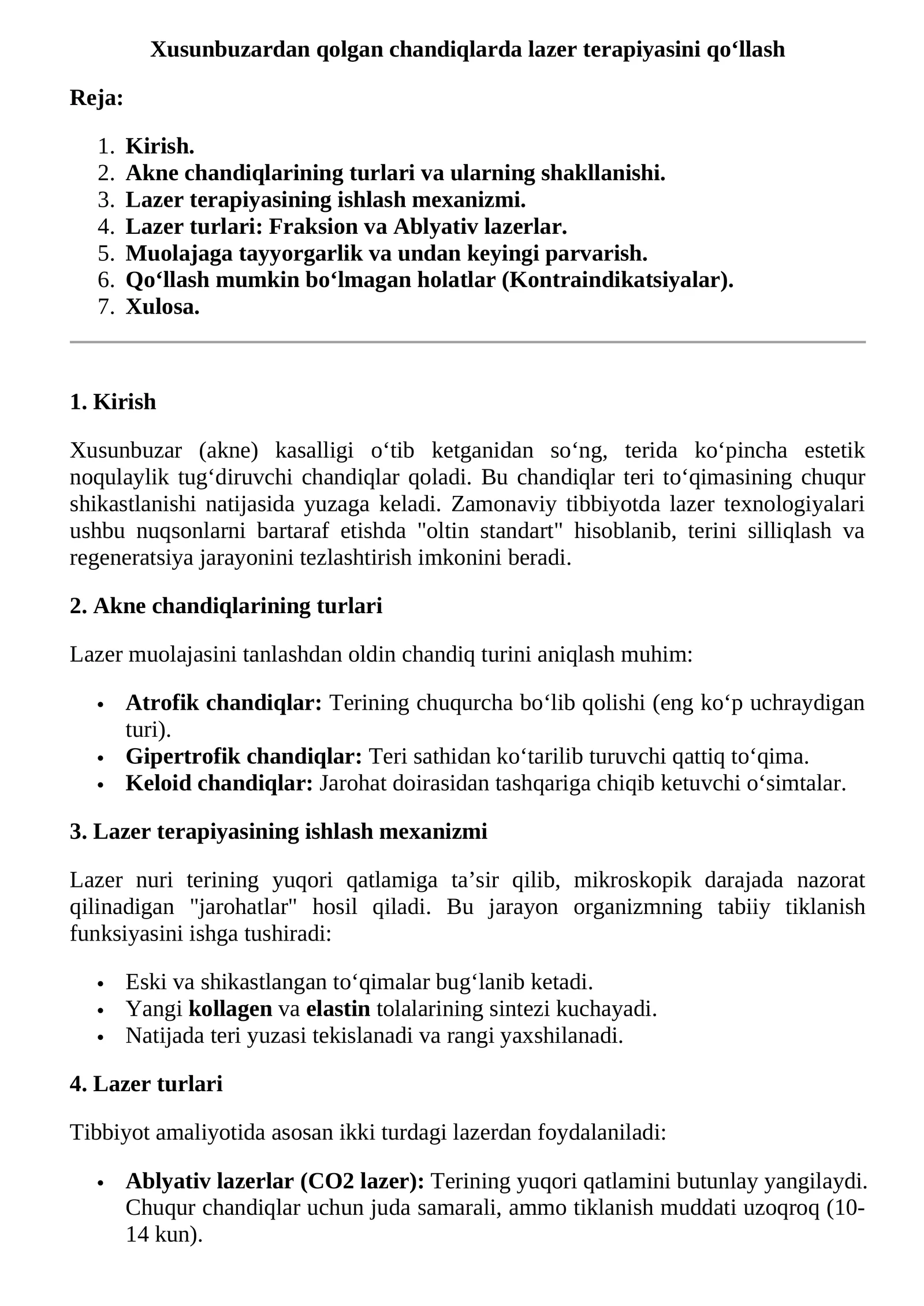 Xusunbuzardan qolgan chandiqlarda lazer terapiyasini qo‘llash