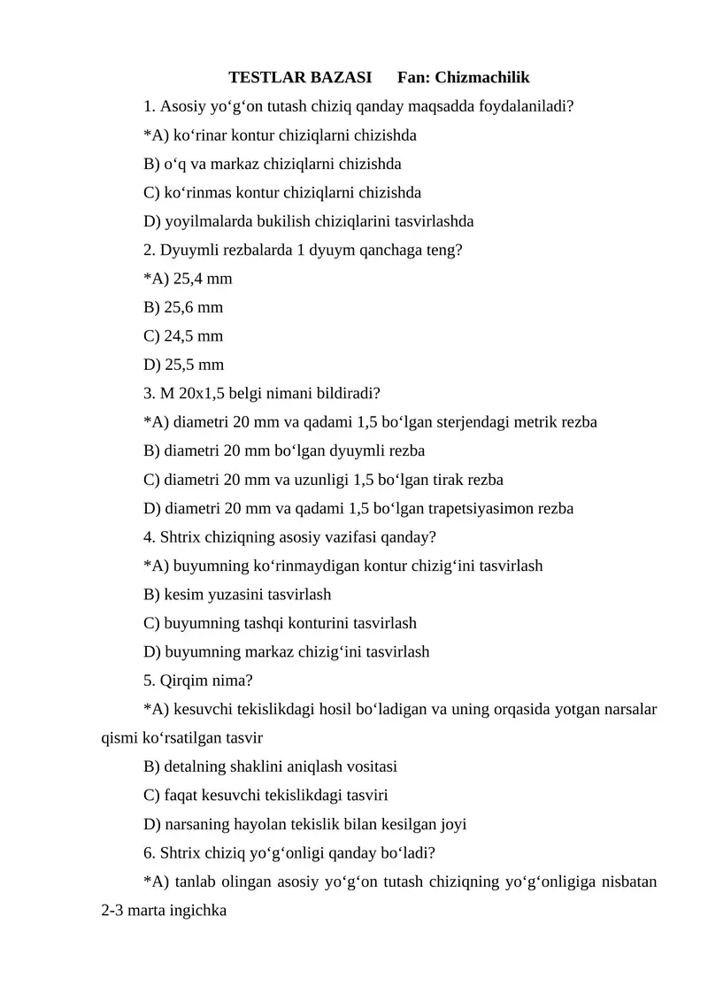 TESTLAR BAZASI Fan: Chizmachilik