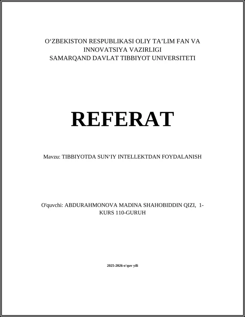 TIBBIYOTDA SUN‘IY INTELLEKTDAN FOYDALANISH