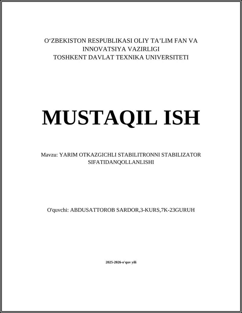 YARIM OTKAZGICHLI STABILITRONNI STABILIZATOR SIFATIDANQOLLANLISHI