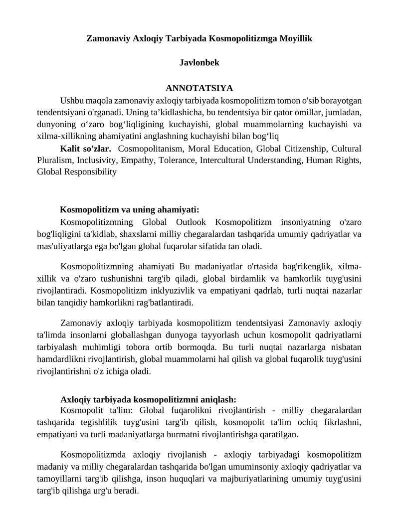 Zamonaviy Axloqiy Tarbiyada Kosmopolitizmga Moyillik