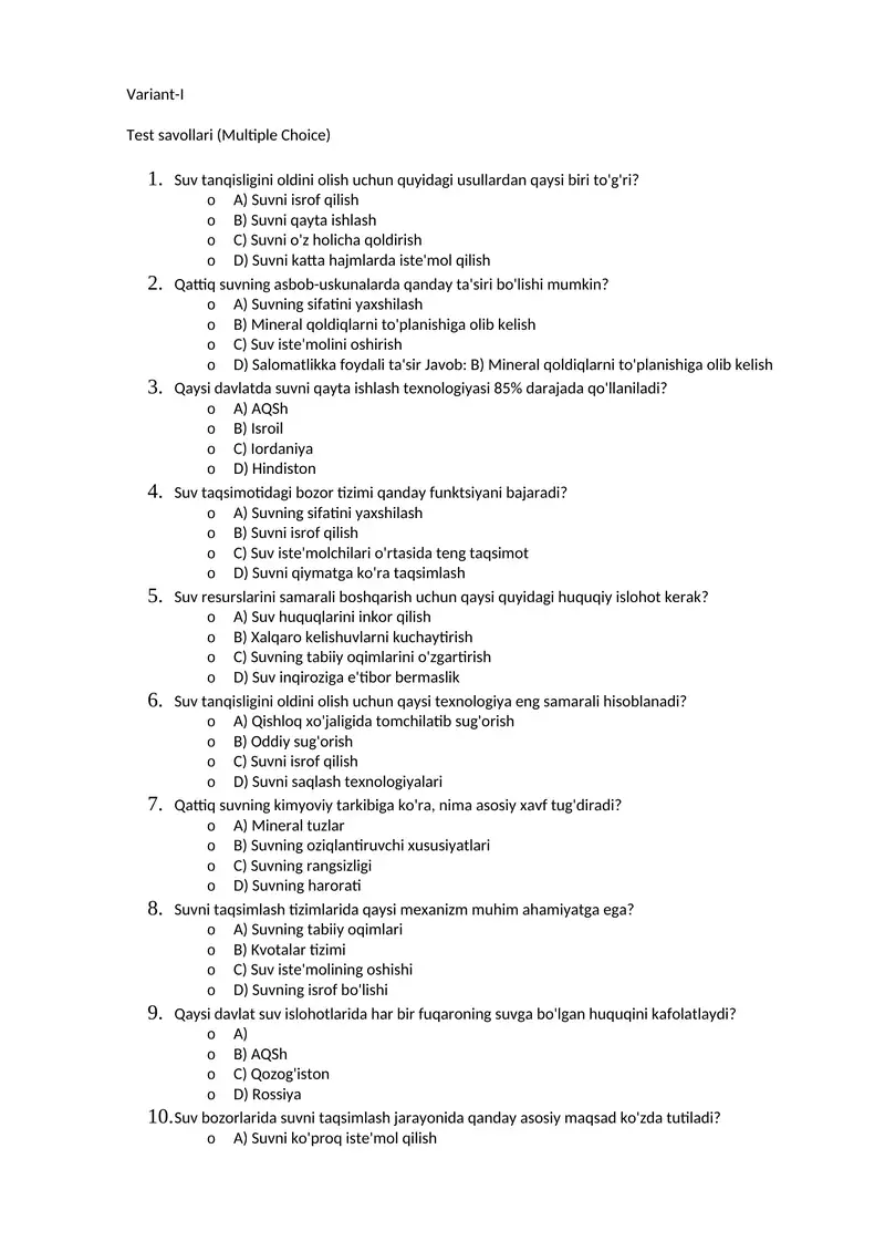Test savollari (Multiple Choice)