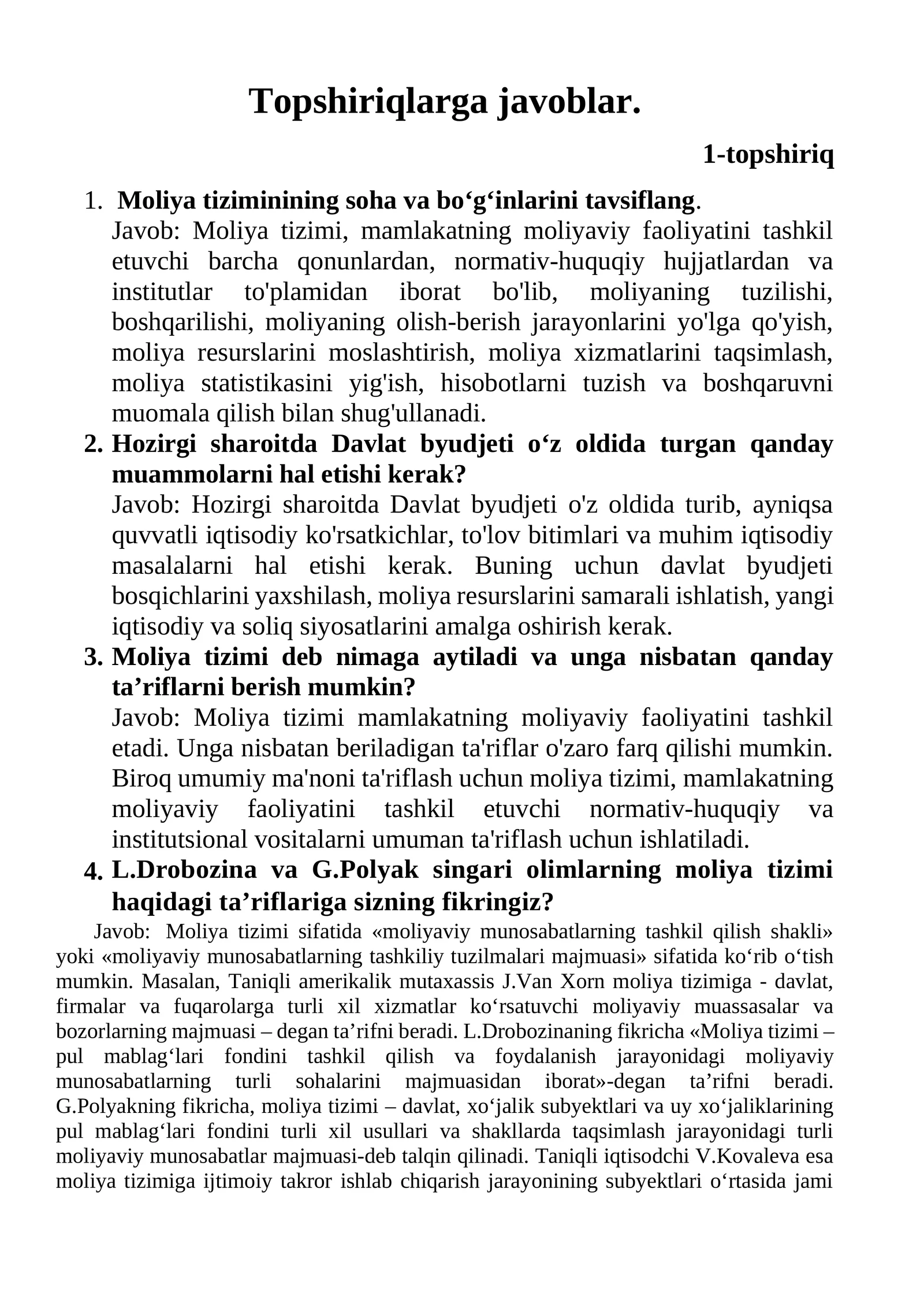 Topshiriqlarga javoblar