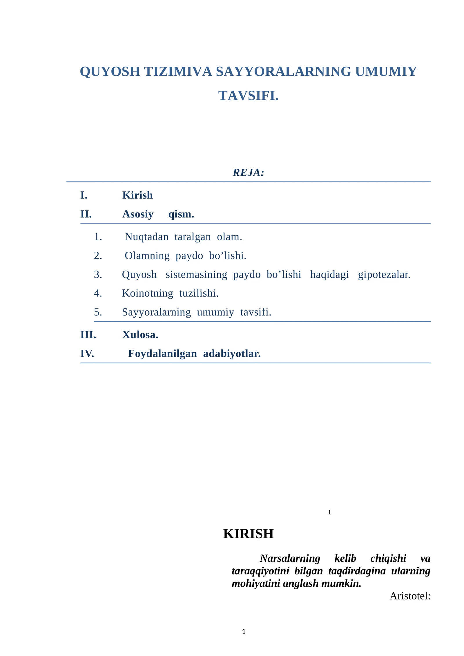 QUYOSH TIZIMIVA SAYYORALARNING UMUMIY TAVSIFI