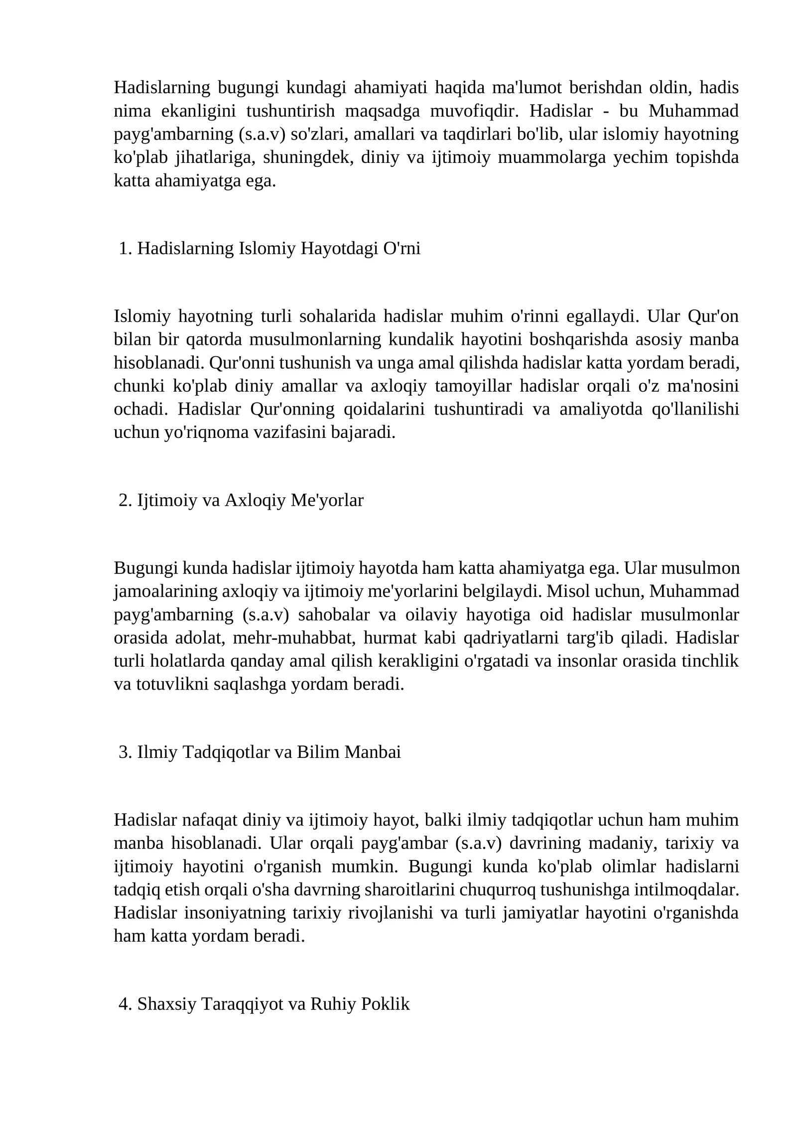 Hadislarning Islomiy Hayotdagi O'rni