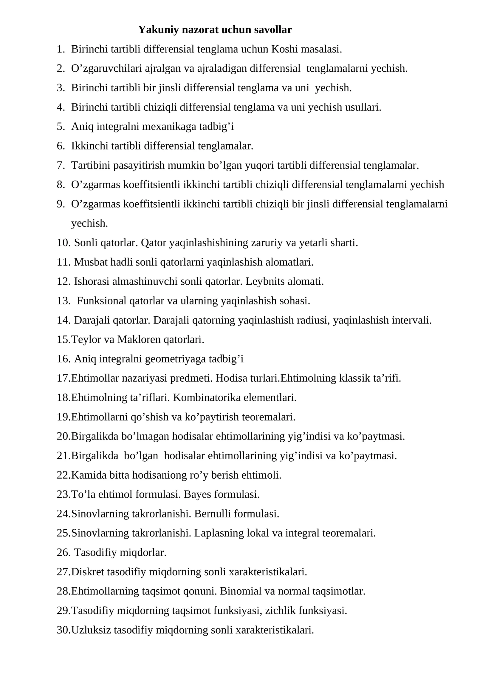 Yakuniy nazorat uchun savollar