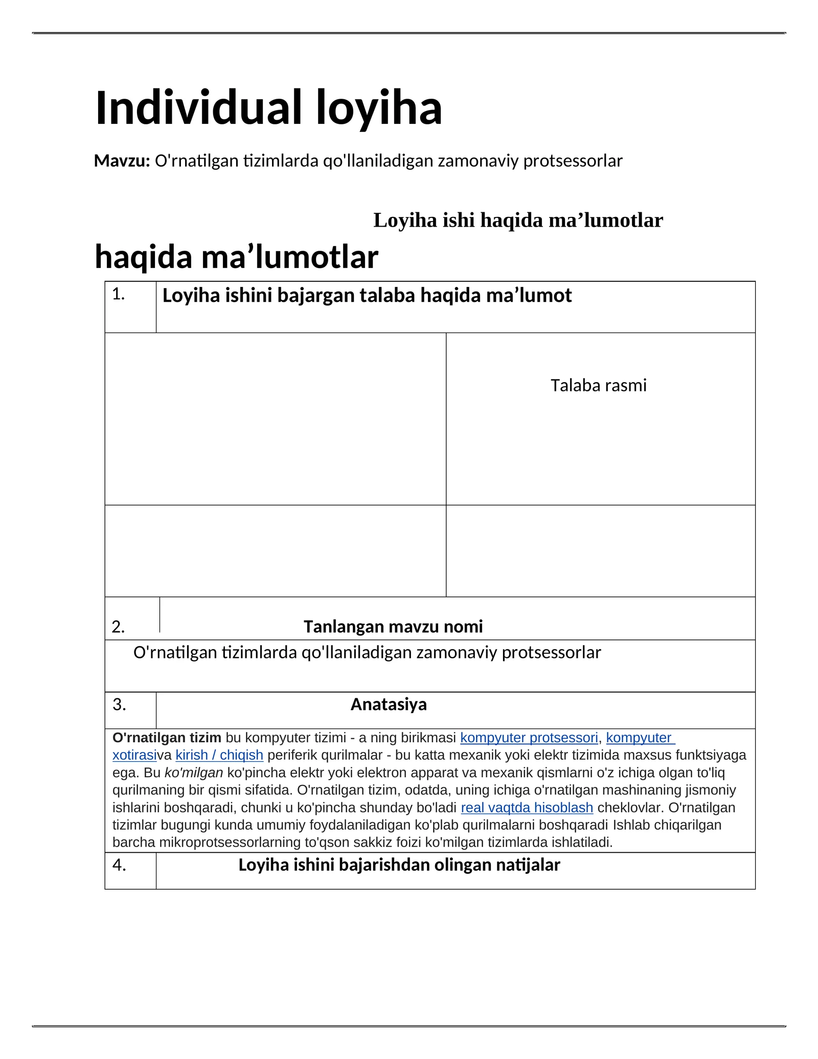 O'rnatilgan tizimlarda qo'llaniladigan zamonaviy protsessorlar