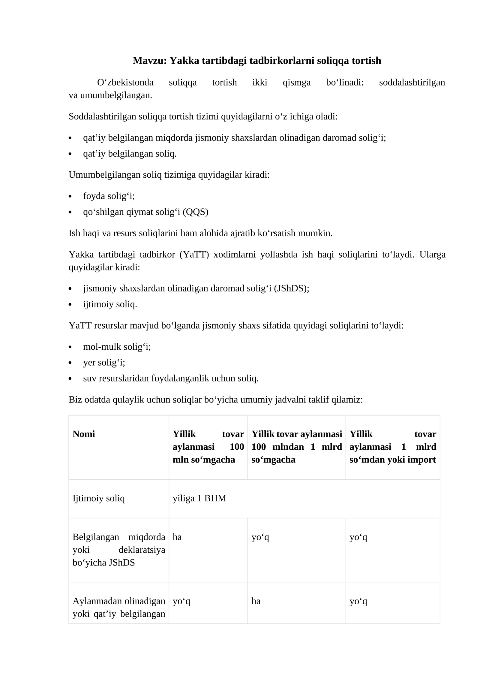 Yakka tartibdagi tadbirkorlarni soliqqa tortish