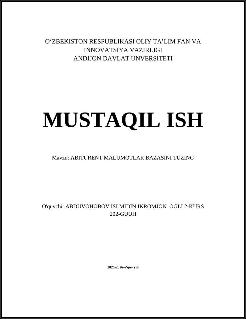 ABITURENT MALUMOTLAR BAZASINI TUZING