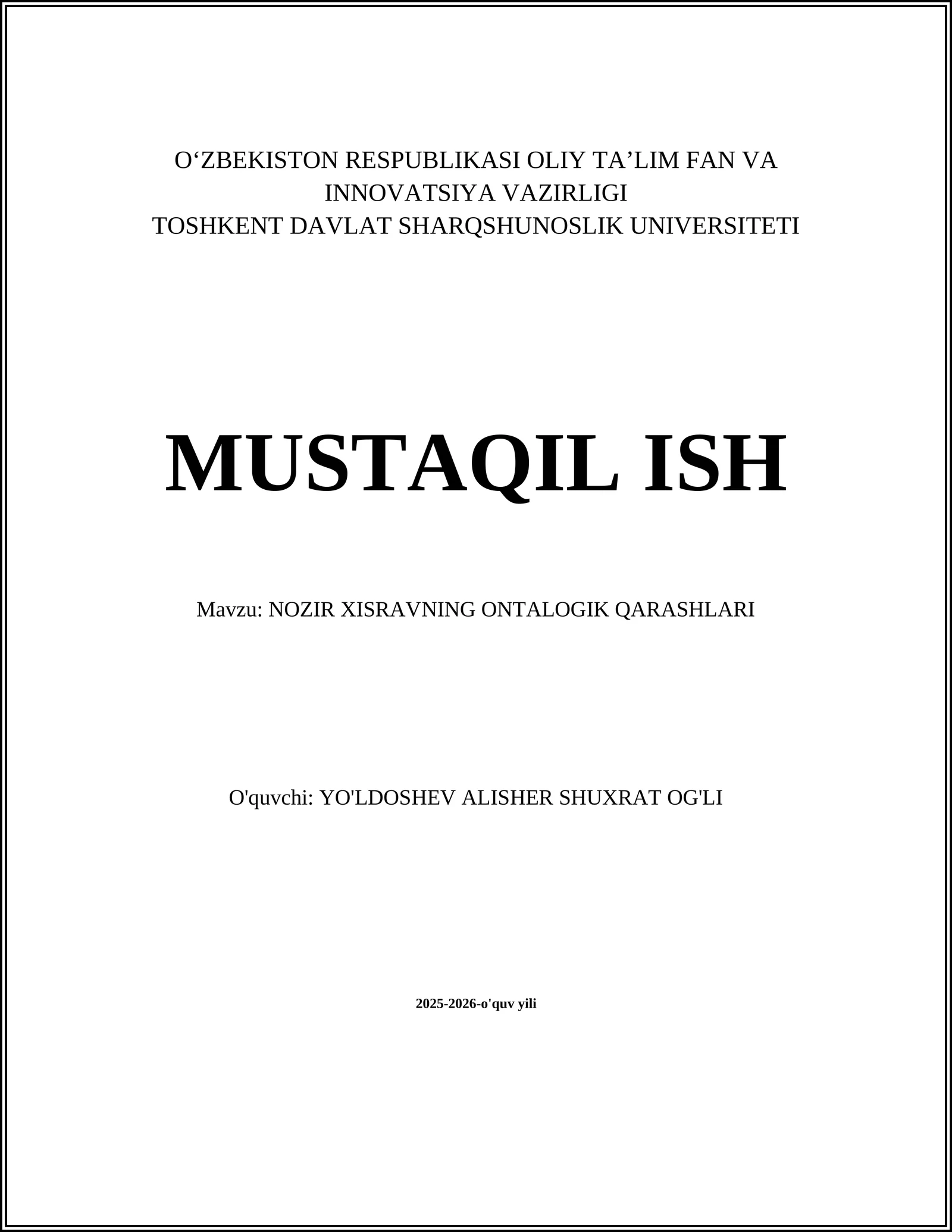 NOZIR XISRAVNING ONTALOGIK QARASHLARI