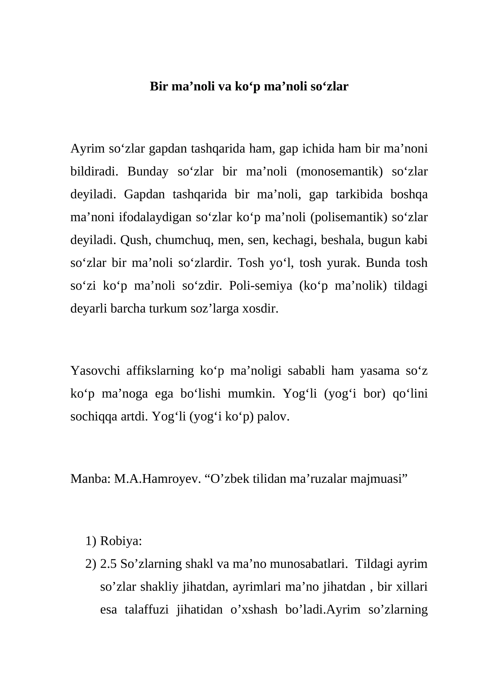 Bir ma’noli va ko‘p ma’noli so‘zlar