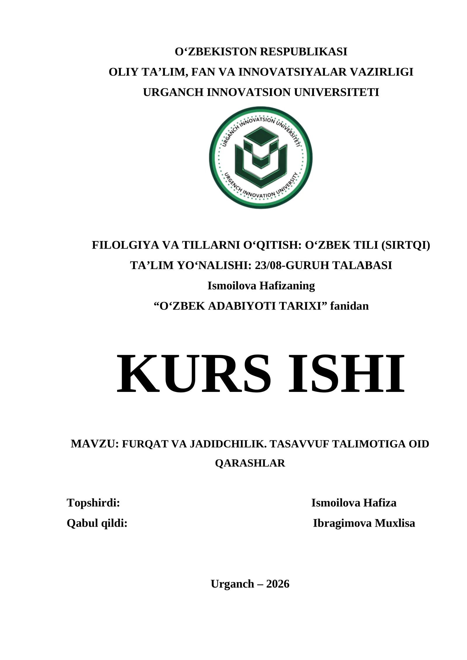 FURQAT VA JADIDCHILIK .TASAVVUF TALIMOTIGA OID QARASHLAR