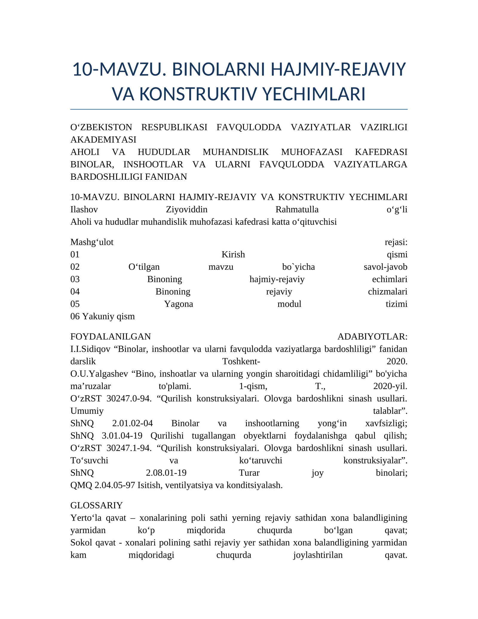 BINOLARNI HAJMIY-REJAVIY VA KONSTRUKTIV YECHIMLARI