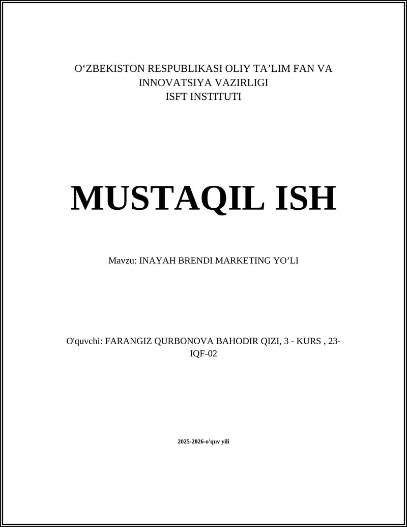 INAYAH BRENDI MARKETING YO’LI