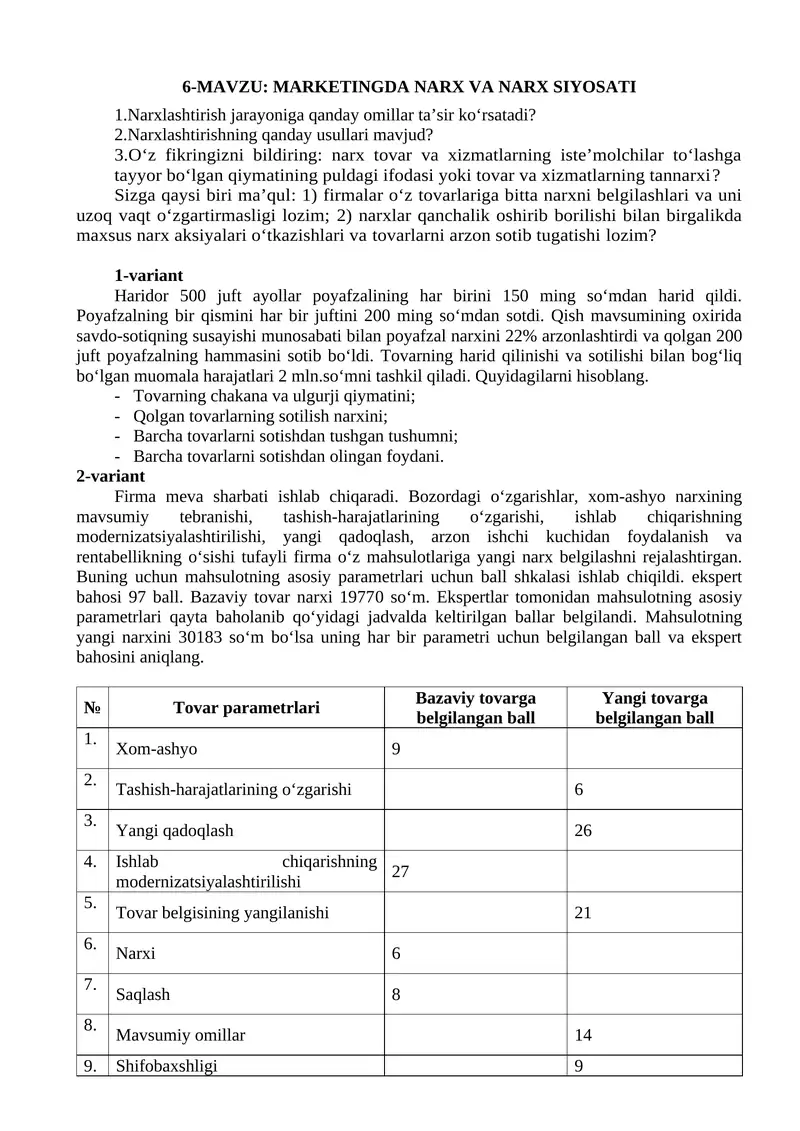 MARKETINGDA NARX VA NARX SIYOSATI