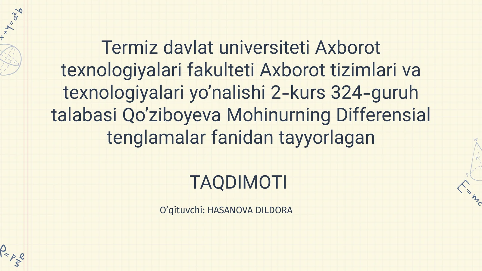 Differensial tenglamalar fanidan dars