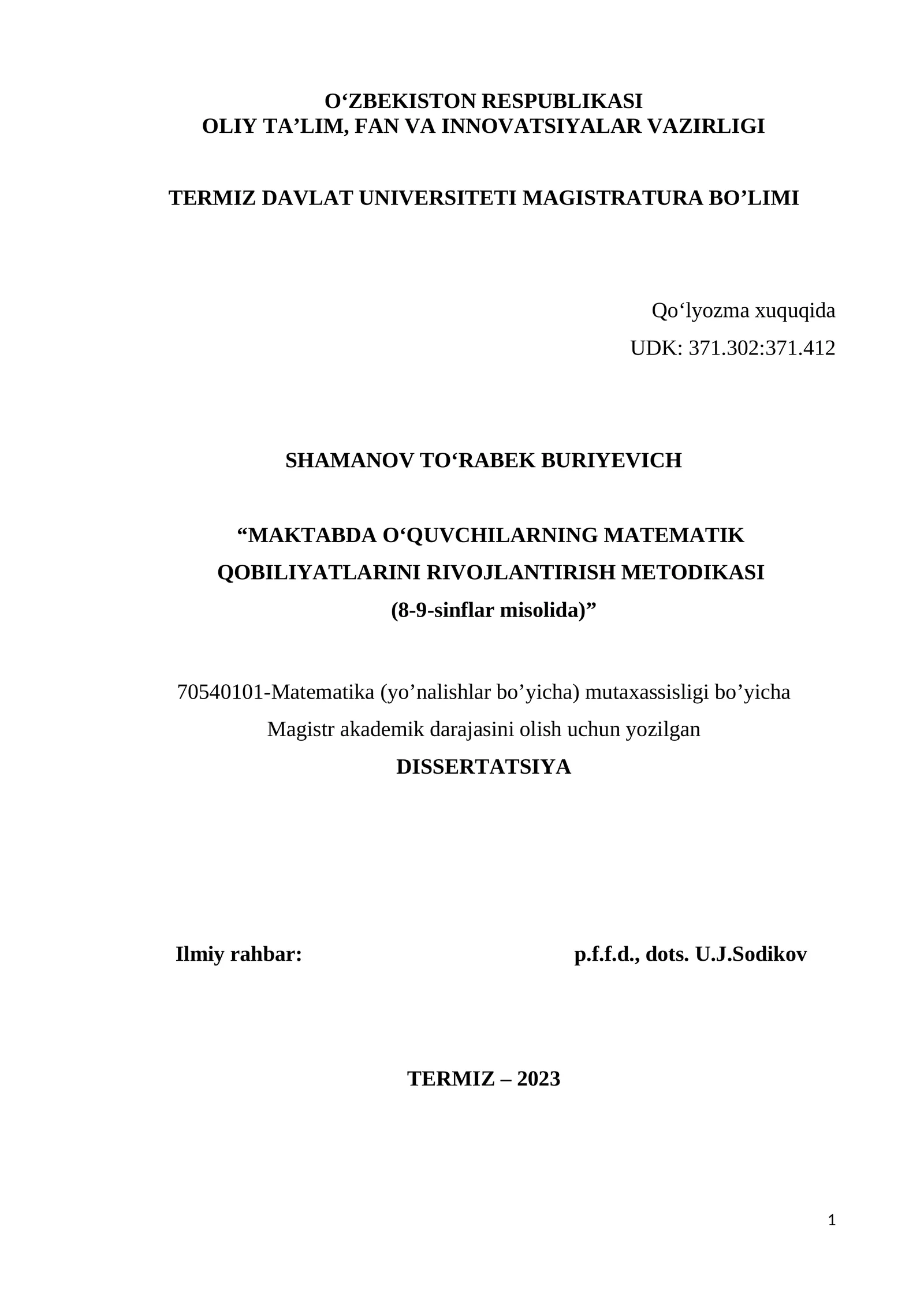“MAKTABDA O‘QUVCHILARNING MATEMATIK QOBILIYATLARINI RIVOJLANTIRISH METODIKASI (8-9-sinflar misolida)”