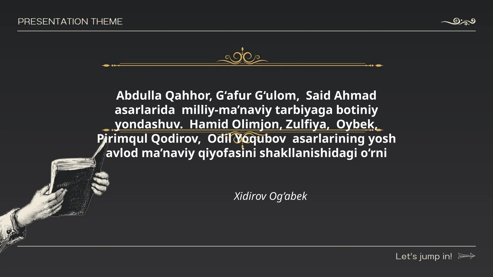 Abdulla Qahhor, G‘afur G‘ulom, Said Ahmad asarlarida milliy-ma’naviy tarbiyaga botiniy yondashuv. Hamid Olimjon, Zulfiya, Oybek, Pirimqul Qodirov, Odil Yoqubov asarlarining yosh avlod ma’naviy qiyofasini shakllanishidagi o‘rni