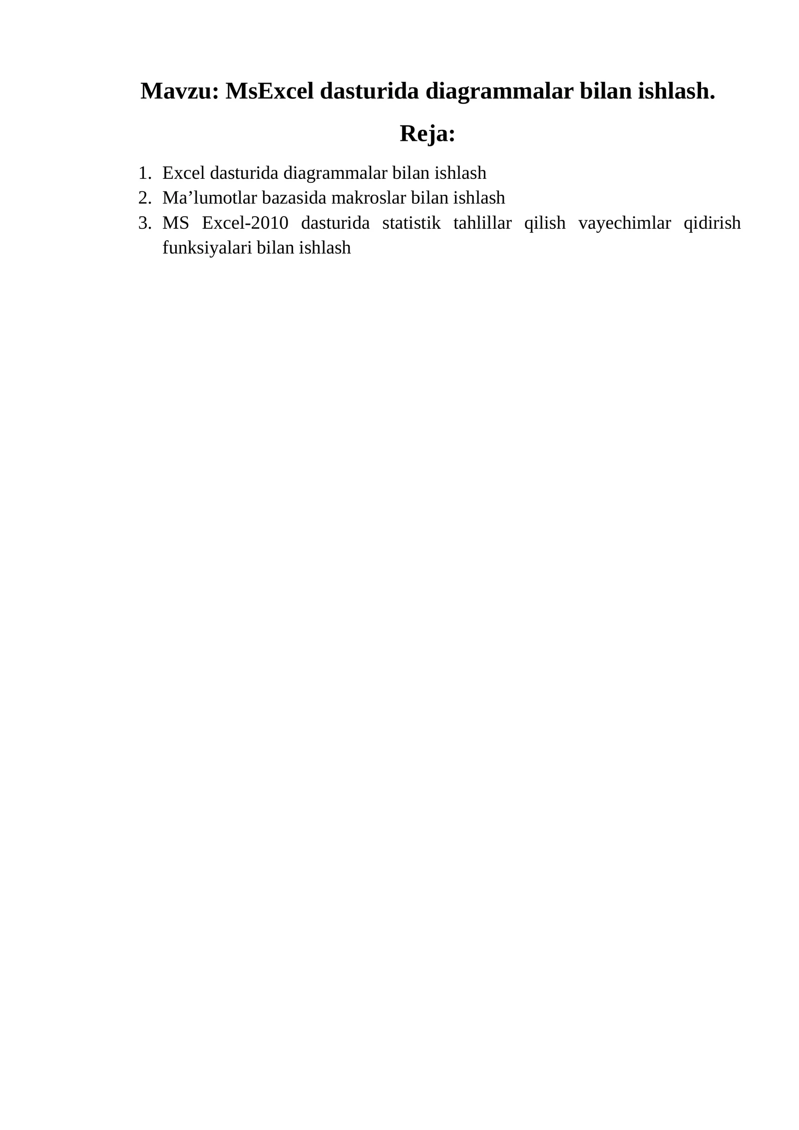 Excel dasturida diagrammalar bilan ishlash
