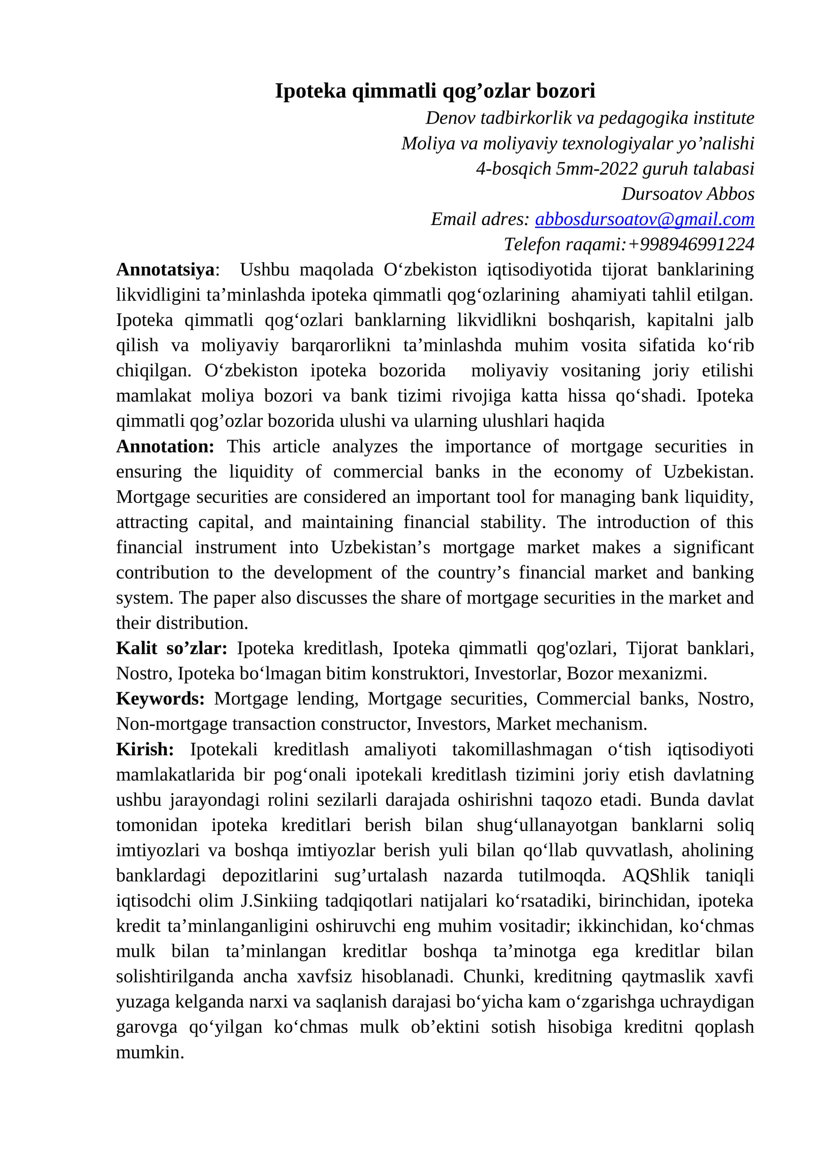 Ipoteka qimmatli qog’ozlar bozori