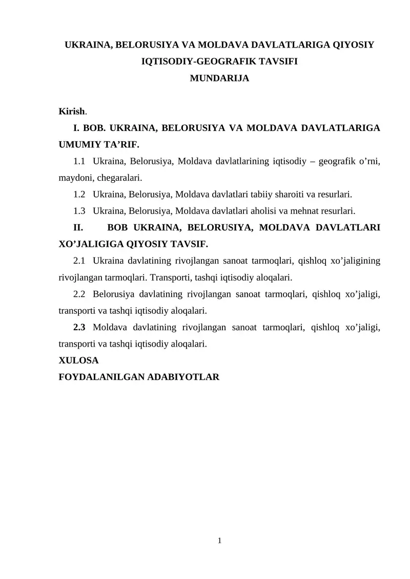 Ukraina, Belorusiya va Moldava Davlatlariga Qiyosiy Iqtisodiy-Geografik Tavsifi
