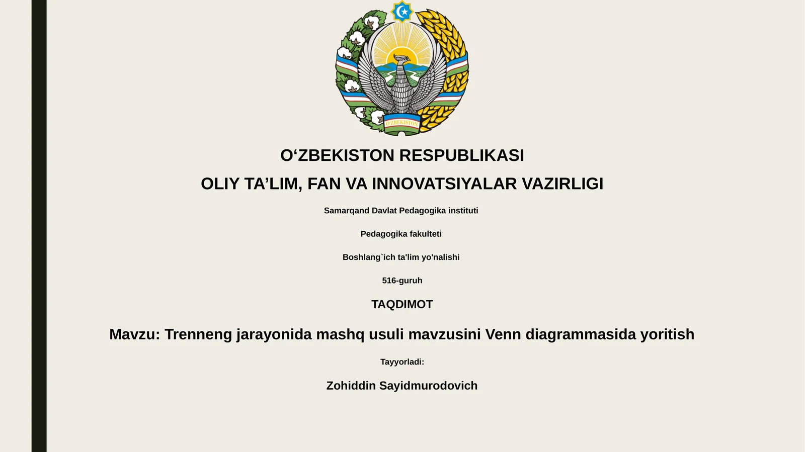 Trenneng jarayonida mashq usuli mavzusini Venn diagrammasida yoritish