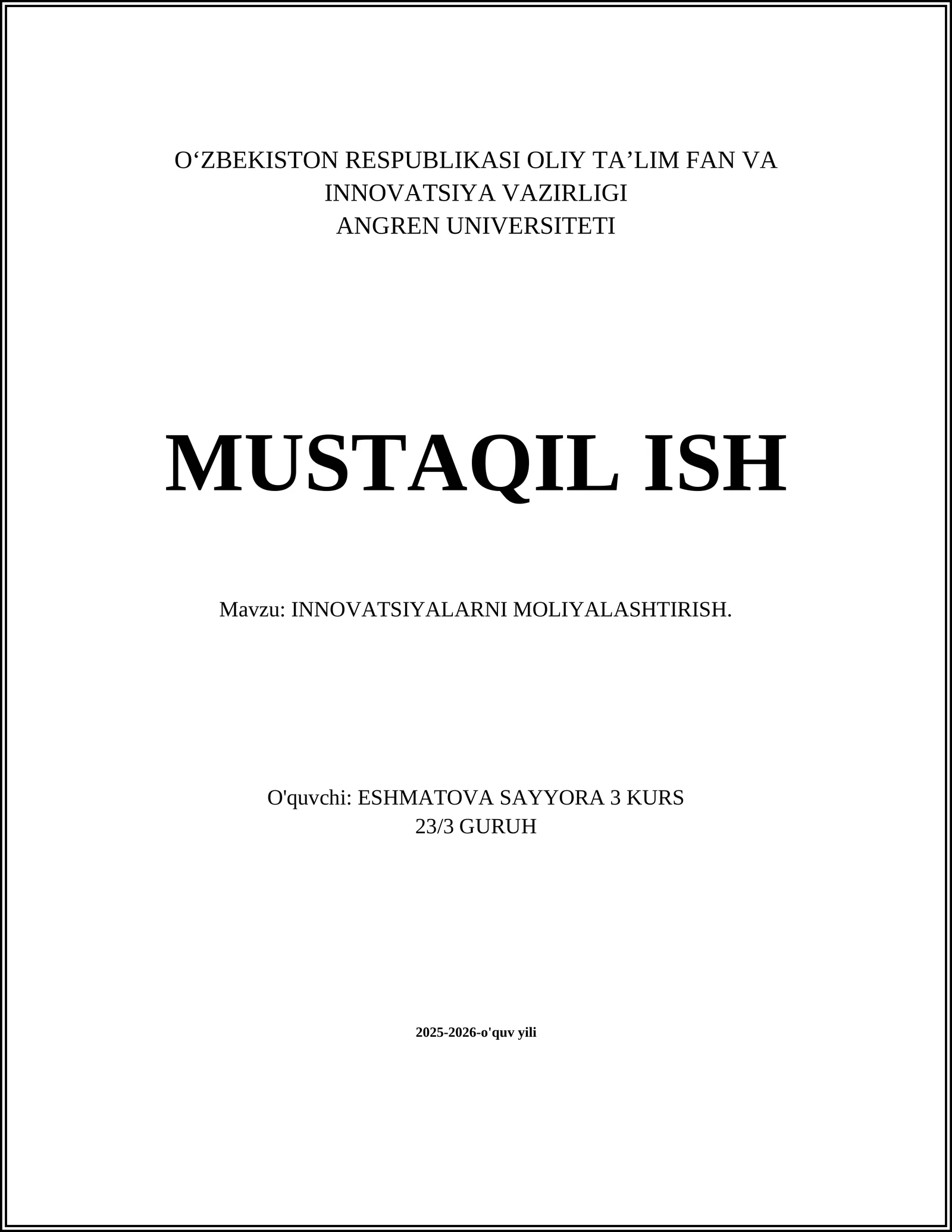 INNOVATSIYALARNI MOLIYALASHTIRISH