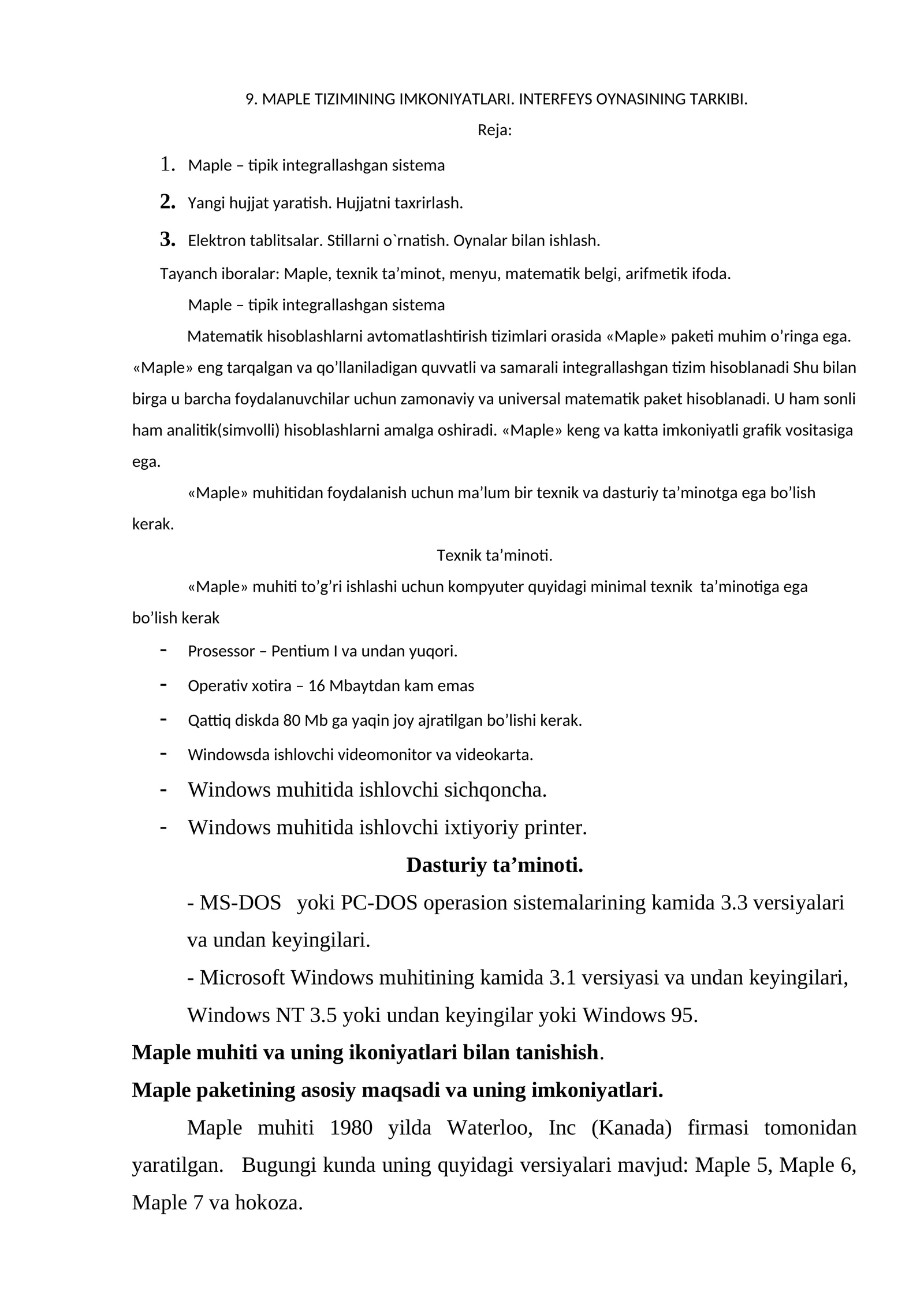 MAPLE TIZIMINING IMKONIYATLARI