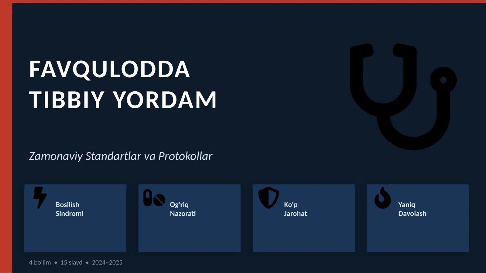 Uzoq muddatli bosilish sindromi birinchi tibbiy yordam  ko‘rsatish. Og‘riqni nazorat qilishda zamonaviy standartlar. Kombinatsiyalangan va qo‘shma jaroxatlarida tibbiy yordam  ko‘rsatish. Terini kimyoviy va termik shikastlarida zamonaviy  yondashuvlar.