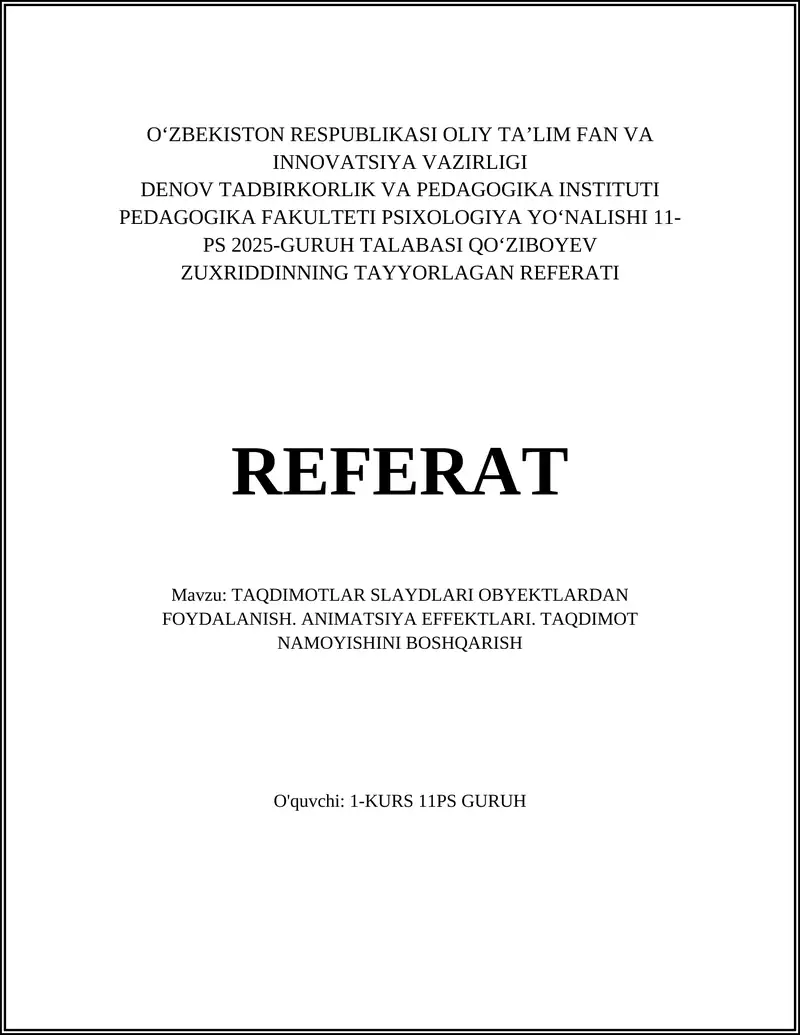 TAQDIMOTLAR SLAYDLARI OBYEKTLARDAN FOYDALANISH