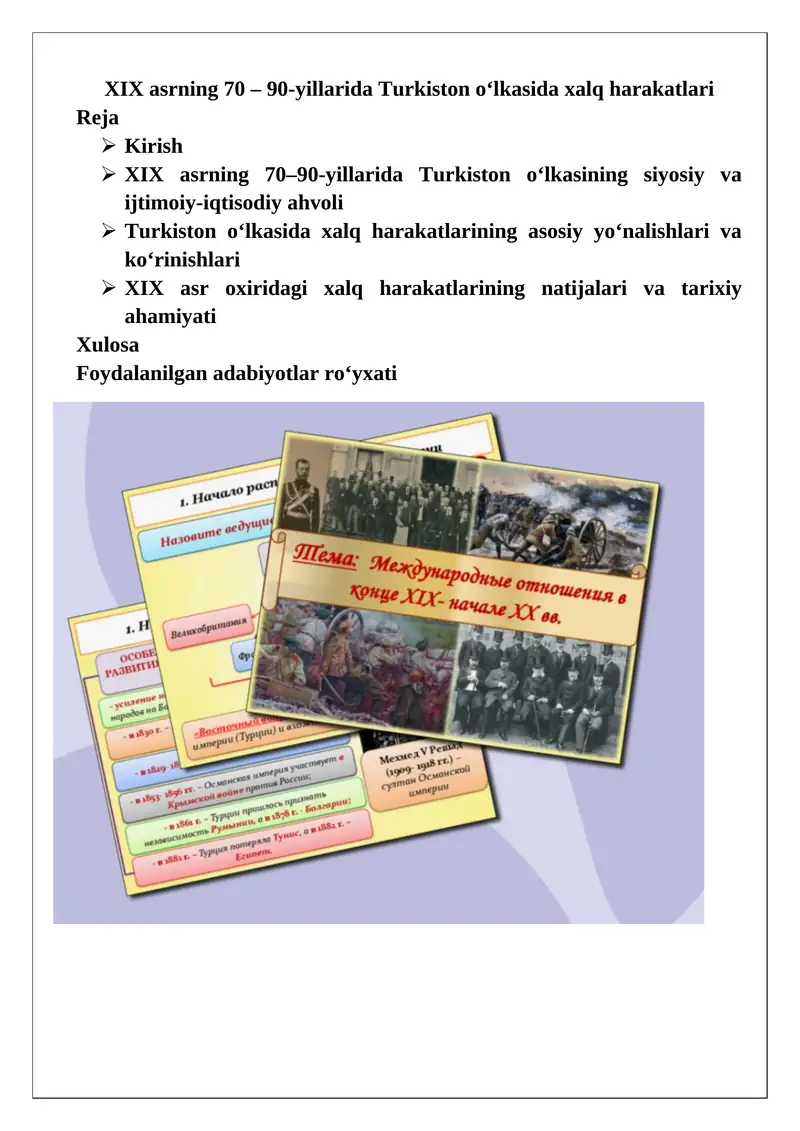 XIX asrning 70 - 90-yillarida Turkiston o‘lkasida xalq harakatlari
