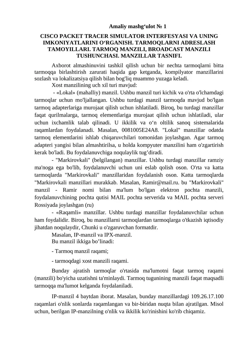 Cisco packet trecer simulator interfeysi va imkoniyatini oʻrganish