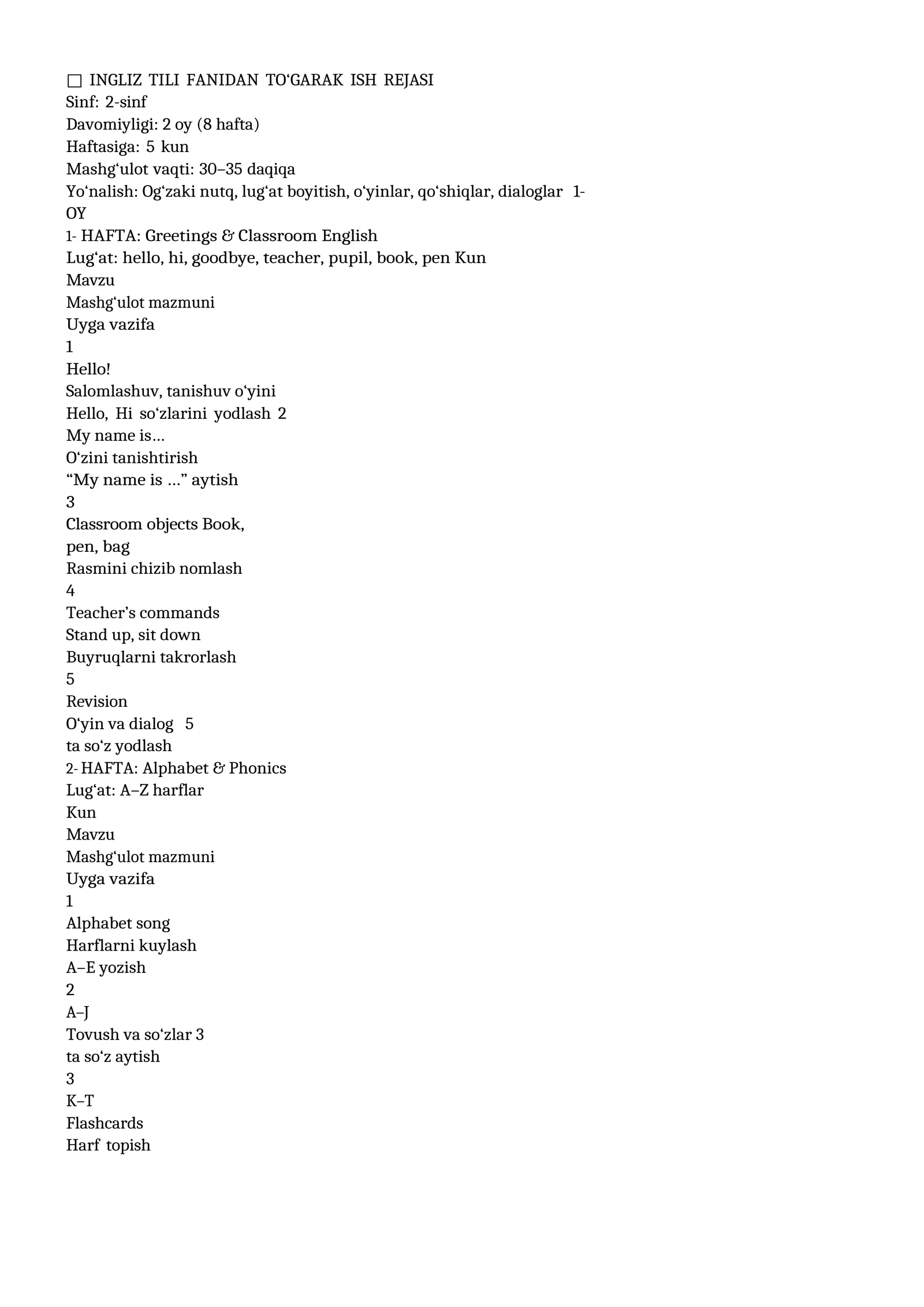 INGLIZ TILI FANIDAN TO‘GARAK ISH REJASI