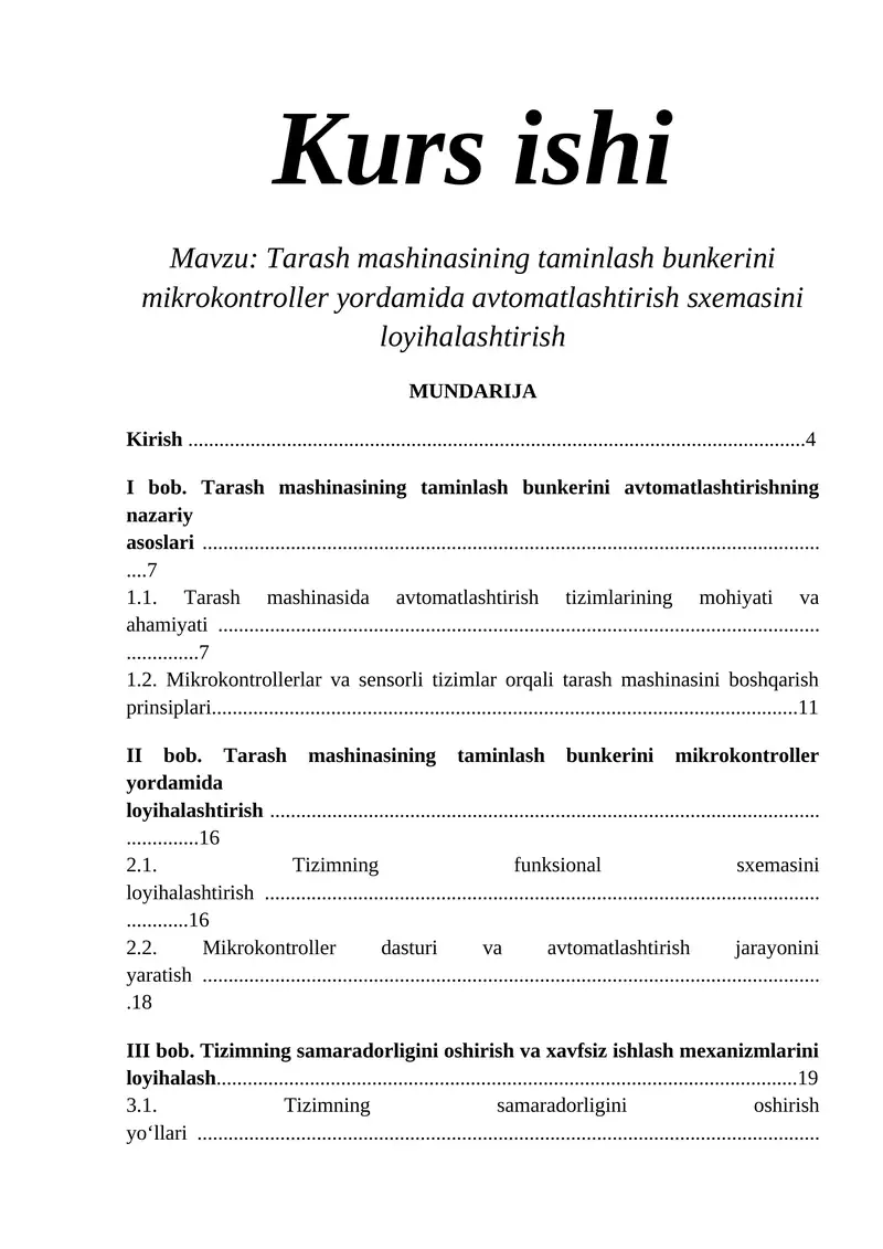 Tarash mashinasining taminlash bunkerini mikrokontroller yordamida avtomatlashtirish sxemasini loyihalashtirish