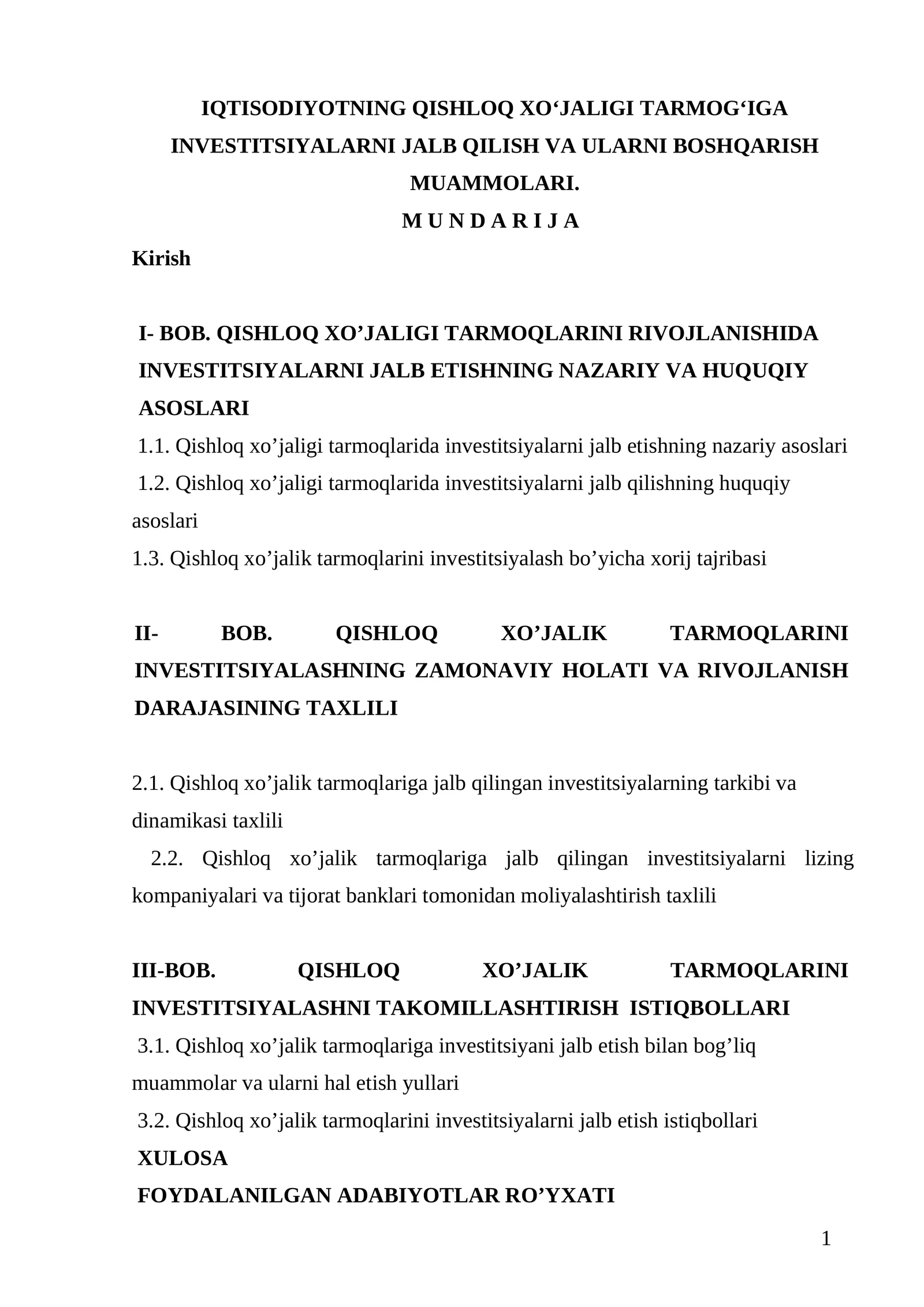 IQTISODIYOTNING QISHLOQ XO‘JALIGI TARMOG‘IGA INVESTITSIYALARNI JALB QILISH VA ULARNI BOSHQARISH MUAMMOLARI