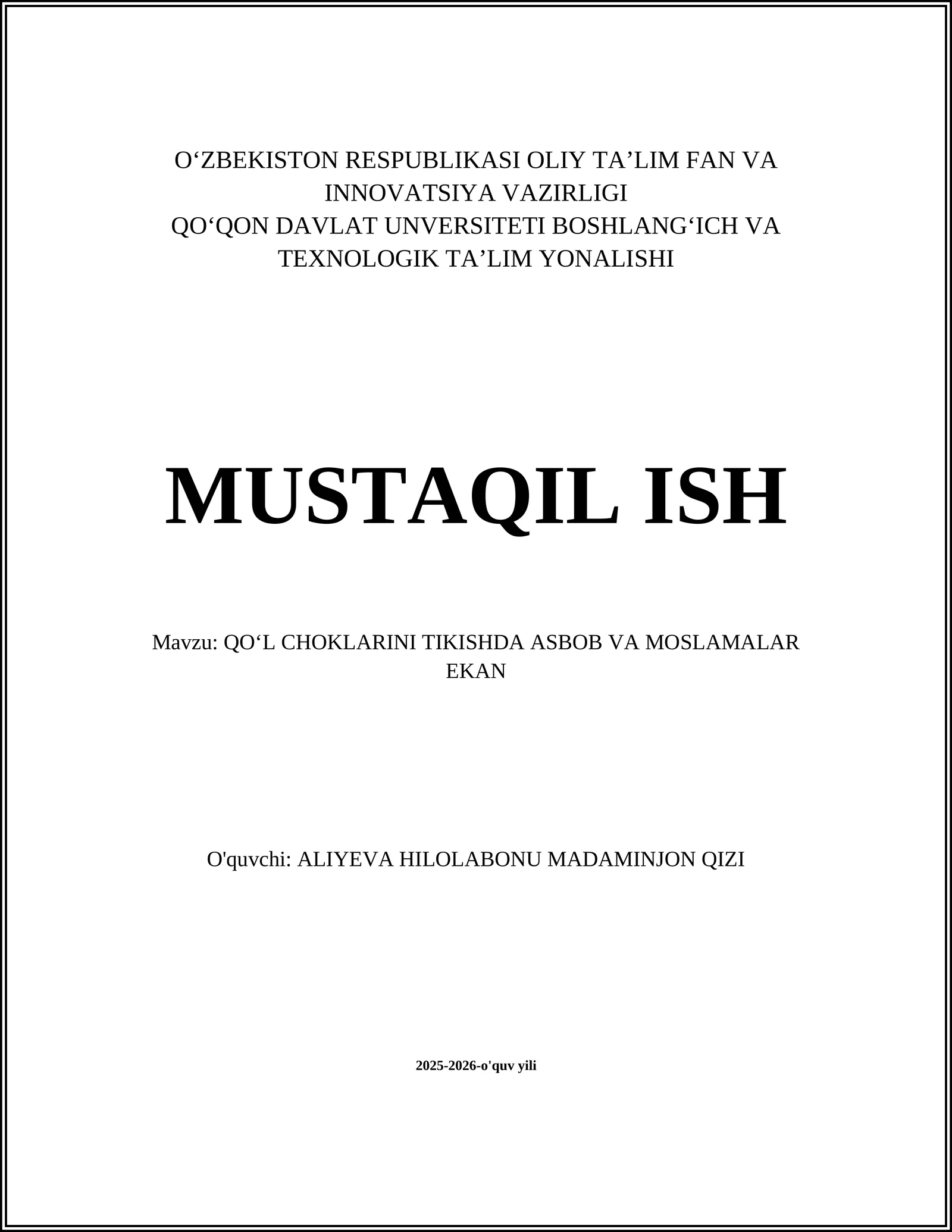 QO‘L CHOKLARINI TIKISHDA ASBOB VA MOSLAMALAR EKAN