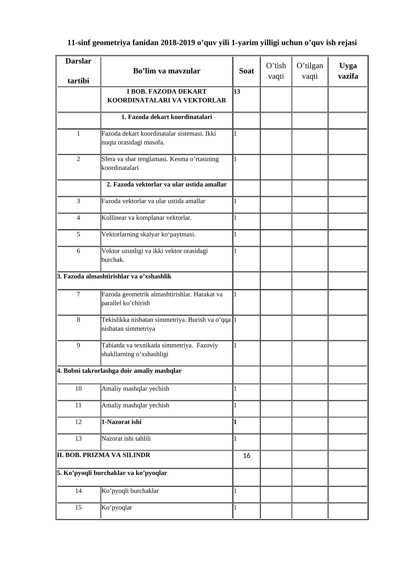 11-sinf geometriya fanidan 2018-2019 o’quv yili 1-yarim yilligi uchun o’quv ish rejasi