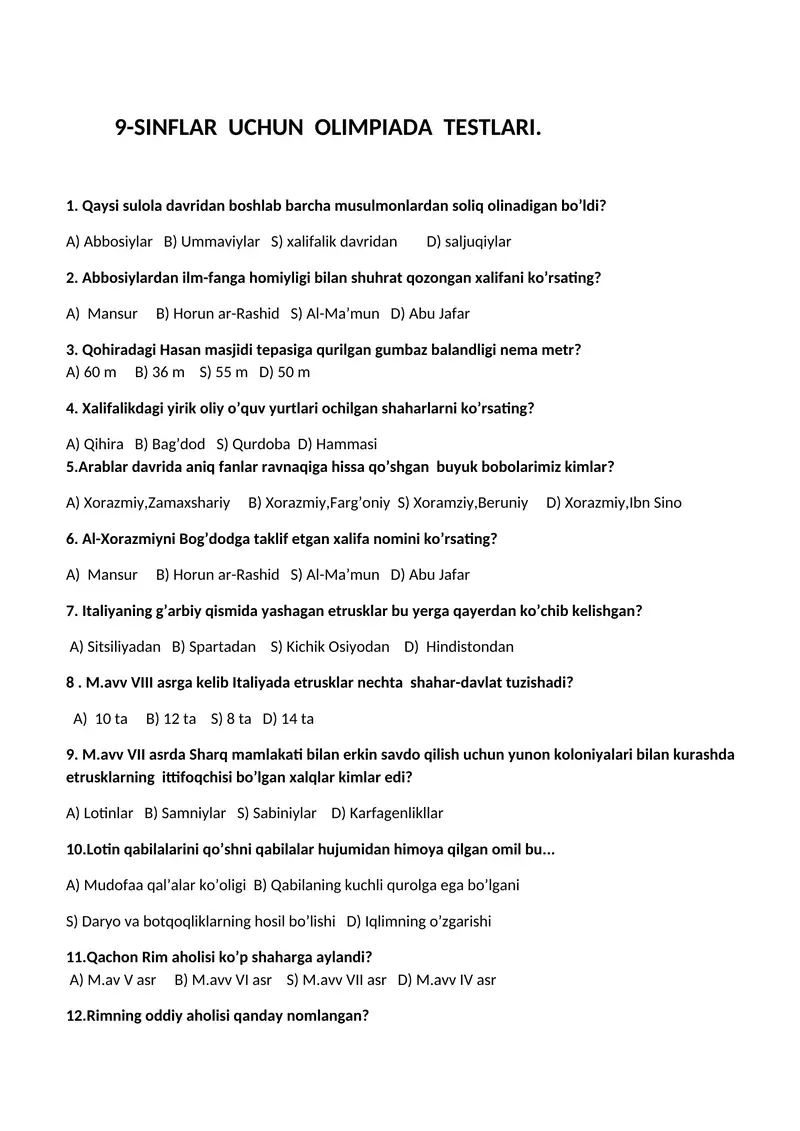 9-SINFLAR UCHUN OLIMPIADA TESTLARI