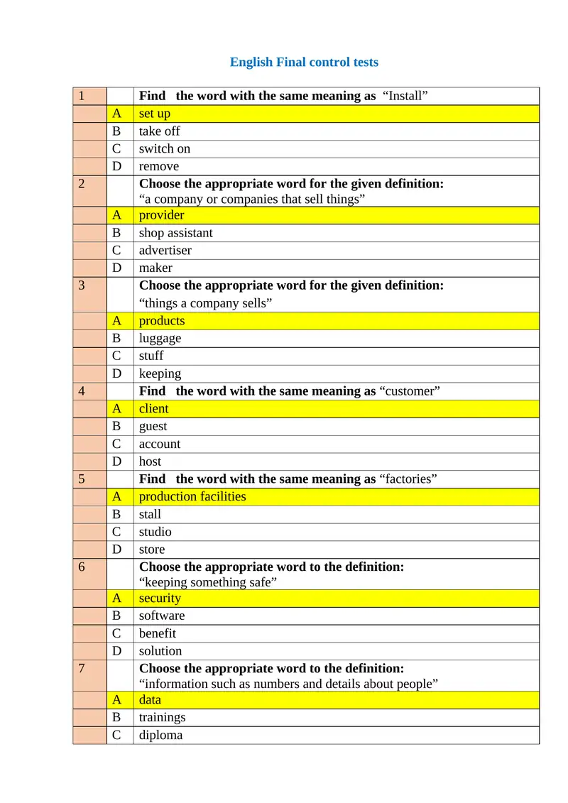English Final control tests