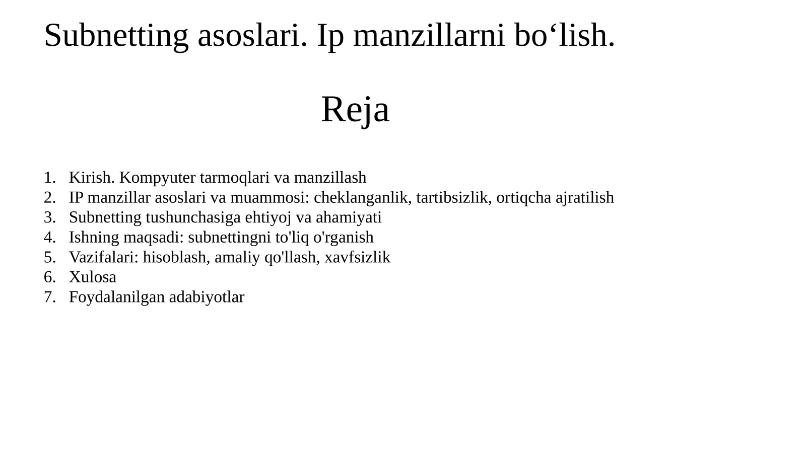 Subnetting asoslari va ip manzillar.