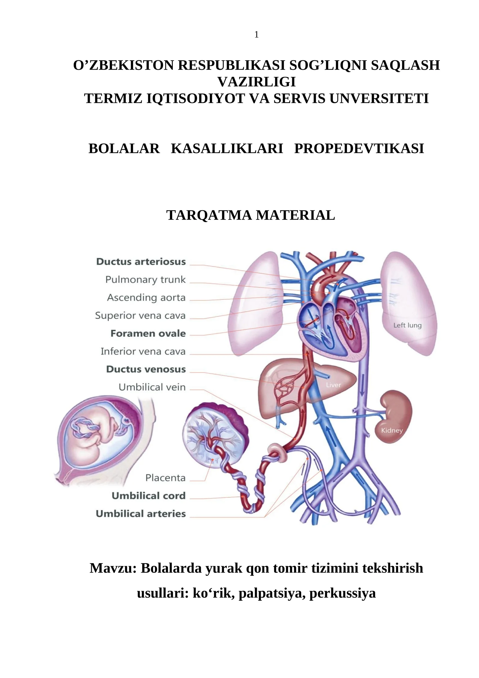 Bolalarda yurak qon tomir tizimini tekshirish usullari: ko‘rik, palpatsiya, perkussiya