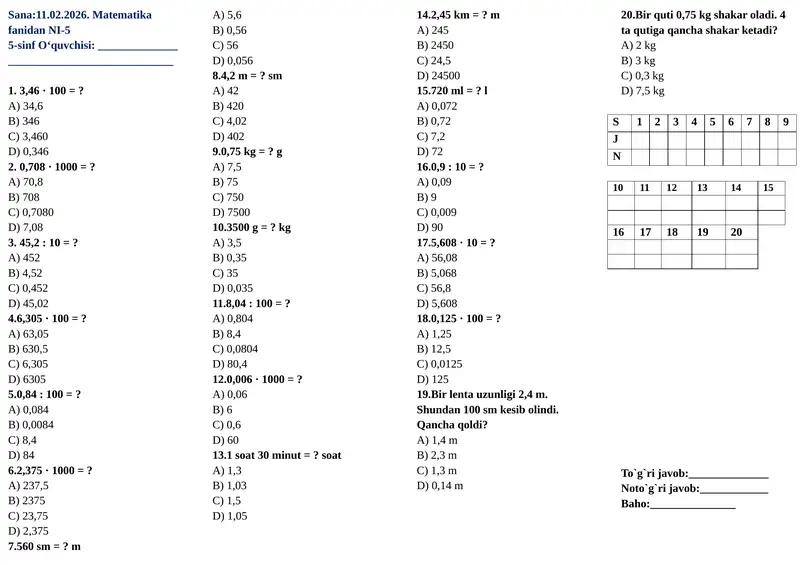Matematika fanidan 5-Nazorat ishi. 5-sinflar uchun