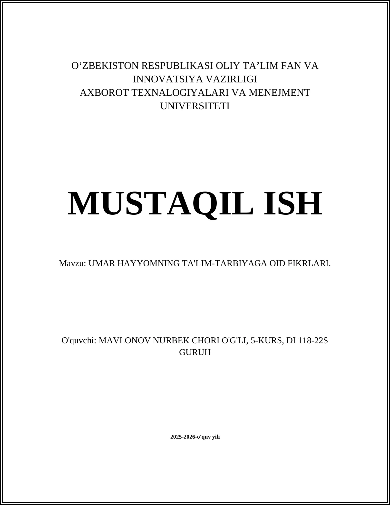 UMAR HAYYOMNING TA'LIM-TARBIYAGA OID FIKRLARI