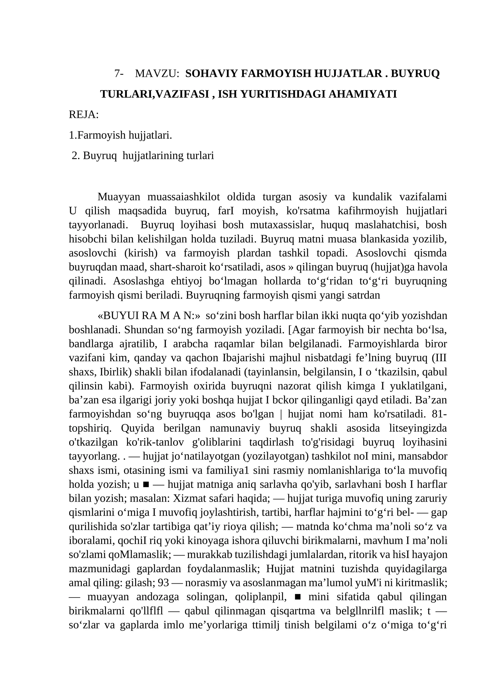 SOHAVIY FARMOYISH HUJJATLARI. BUYRUQ TURLARI, VAZIFASI, ISH YURITISHDAGI AHAMIYATI